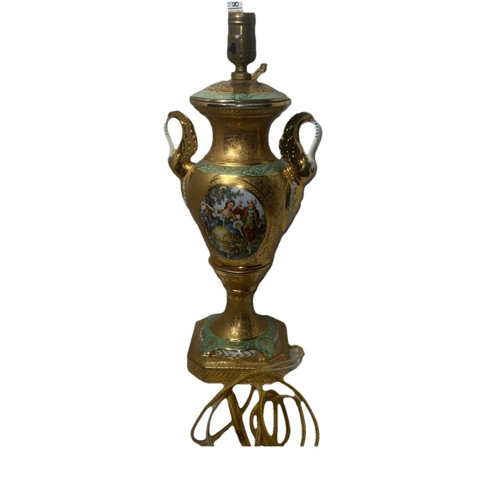 Vtg French Mieux 1940s 24kt gold decoration pedestal Table Lamp Heraldic